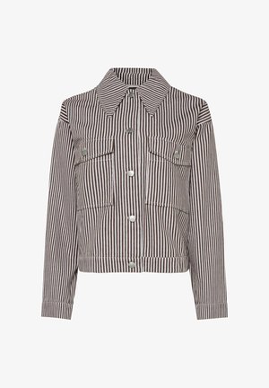 Striped jacket in brown and white, featuring a collar, two chest pockets, and front button closure. Fabric has a textured finish.