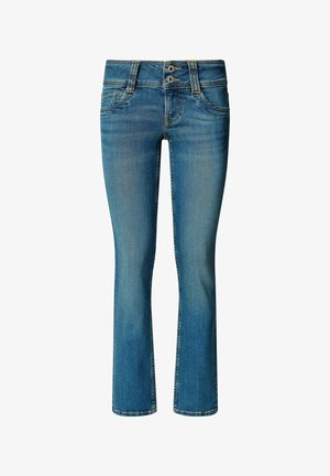 Blauwe spijkerbroek met een rechte pasvorm, voorzien van een twee-knopen taille, klassiek vijf-pocket ontwerp en subtiele vervaging voor textuur.