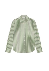 Camisa de manga larga a rayas verdes y blancas, con botón frontal, cuello y un bolsillo en el pecho; hecha de una tela ligera con una textura suave.