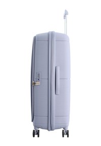 Helles graues Hartschalenkoffer mit Seitengriff, vier leichtgängigen Rollen, einem ausziehbaren Griff und einem integrierten Kombinationsschloss.