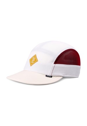 White and burgundy mesh five-panel cap with flat brim and yellow diamond-shaped logo patch on front panel.