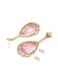 Náušnice ve tvaru slzy z růžového zlata s velkým růžovým krystalem, obklopeným průhlednými rhinestonovými kamínky a květinovými akcenty, s patentními uzávěry.