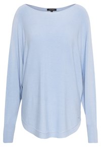 Ljusblå oversize-tröja med bred halsringning, långa ärmar, ribbade muddar och fåll, tillverkad av ett mjukt stickat material med subtil textur.