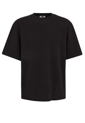 Schwarzes, kurzärmeliges, oversized T-Shirt mit Rundhalsausschnitt und kleinem runden Logo nahe dem unteren Saum auf der Vorderseite.