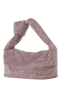 Różowa torebka z koralikami, z uchwytem w stylu węzła, prostokątnym kształcie, teksturowaną powierzchnią i błyszczącymi akcentami. Zapięcie otwiera się od góry.