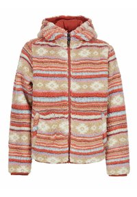 Hooded zip-up jas met een fleece buitenkant, voorzien van horizontale strepen in oranje, roze en blauw, een zachte textuur en twee voorzakken.