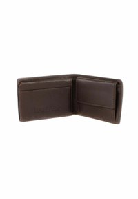 Portefeuille en cuir marron avec une finition texturée, comportant plusieurs emplacements pour cartes et une poche latérale. L'intérieur est soigneusement cousu et épuré.