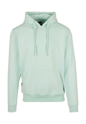 Mintgrüner Hoodie aus weichem Stoff, mit einer Kängurutasche, verstellbaren Kordeln und gerippten Bündchen und Saum. Einfaches Design.
