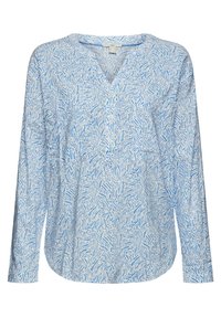 Langärmliges Hemd mit blau-weißem Muster und V-Ausschnitt, das ein abstraktes Design und einen abgerundeten Saum aufweist. Weicher Stoff mit lockerer Passform.