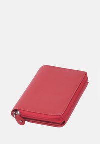 Red leather wallet with a smooth texture, zip closure, and rounded corners, featuring a compact design for easy portability.