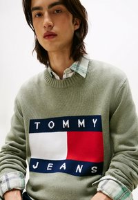 Maglione verde a maglia con un logo che presenta "TOMMY JEANS" in bianco e blu navy, e un quadrato rosso e bianco, indossato sopra una camicia a quadri.