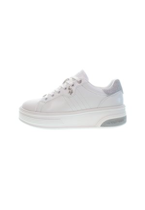 White sneakers with a smooth leather exterior, round toe, textured silver heel accent, and metallic logo detail on the side.