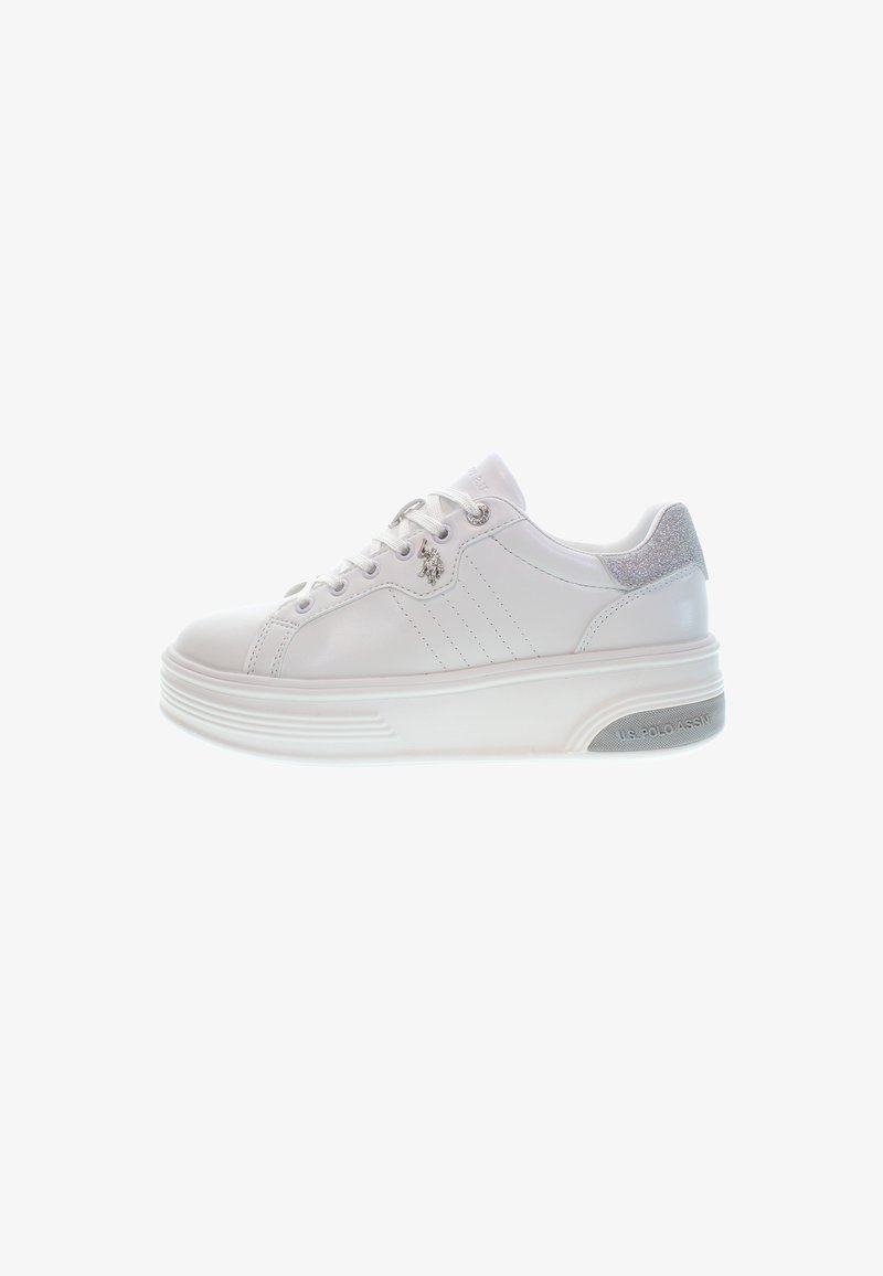 White sneakers with a smooth leather exterior, round toe, textured silver heel accent, and metallic logo detail on the side.