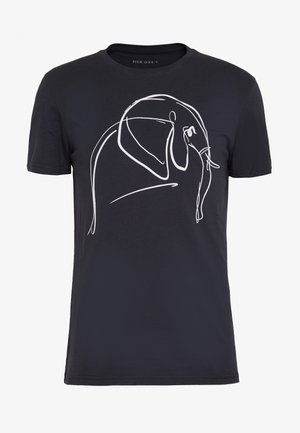 Schwarzes Baumwoll-T-Shirt mit weißer Linienzeichnung eines Elefanten auf der Vorderseite. Kurzärmlig und mit Rundhalsausschnitt gestaltet.