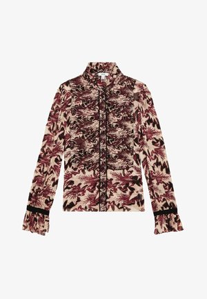 Bluzka z długim rękawem w jasnym kremie, z kwiatowym wzorem w burgundzie i czerni, mająca stójkę i falbaniaste mankiety.