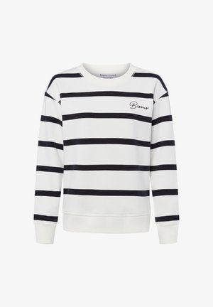 Hvid sweatshirt med lange ærmer med brede sorte horisontale striber og teksten "Bisous" på øverste venstre bryst.