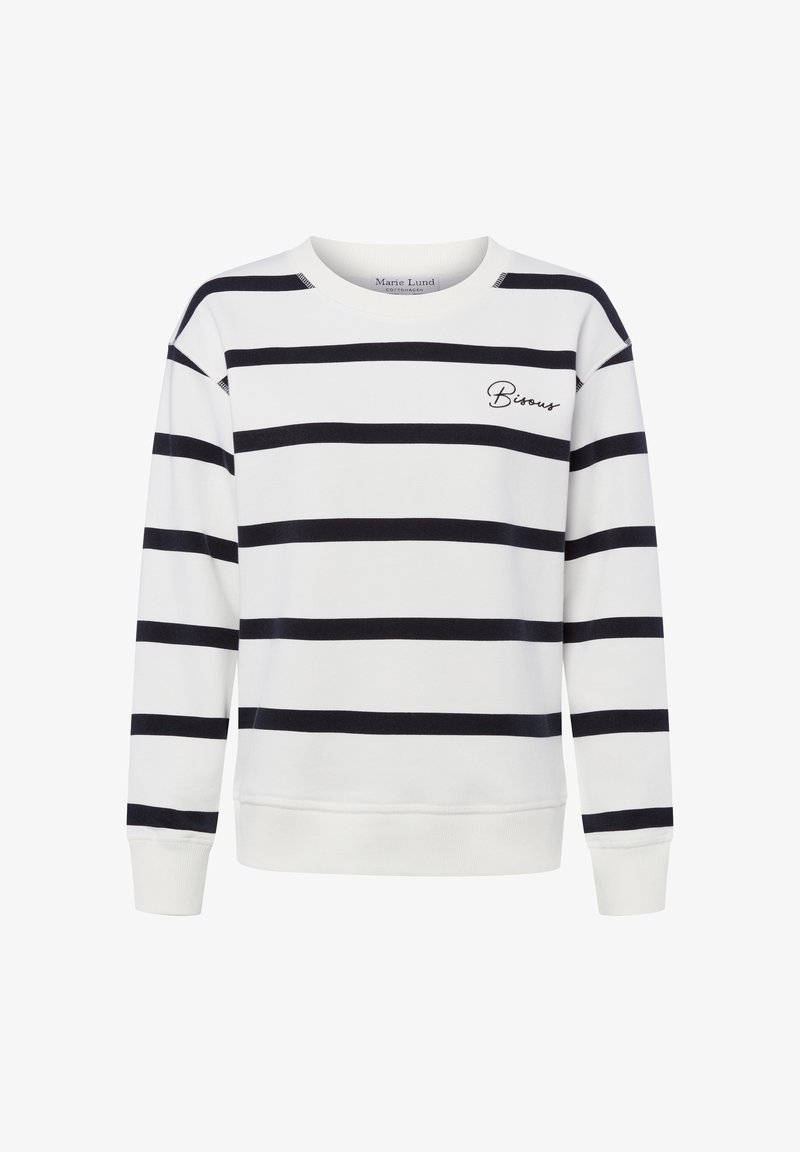 Sweat-shirt blanc à manches longues avec de larges rayures horizontales noires et le texte "Bisous" sur le haut à gauche de la poitrine.