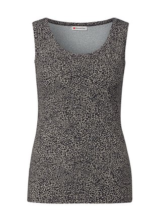 Mouwloos shirt in lichtbeige met een zwart dierenprintpatroon. Ronde halslijn en zachte textuur, geschikt voor casual draag.