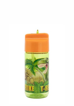 Grüne Plastik-Wasserflasche mit orangefarbenem Klappverschluss. Mit Dinosaurierillustrationen und tropischen Blättern, beschriftet mit "STRIKE T-REX".