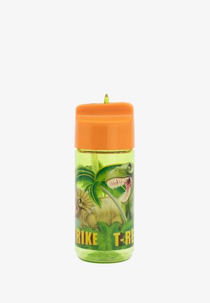 Green plastic water bottle with orange flip top. Features dinosaur illustrations and tropical leaves, labeled "STRIKE T-REX."