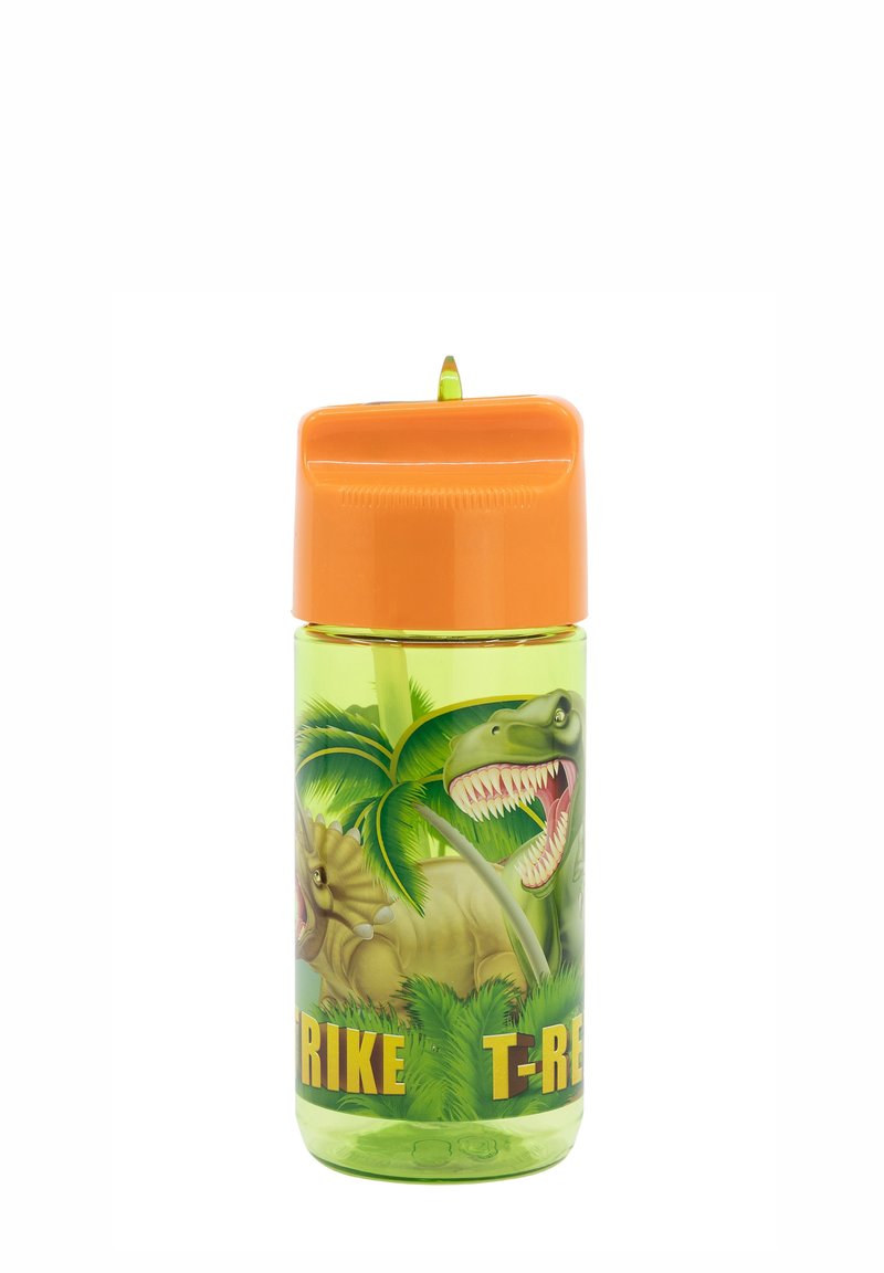 Grüne Plastik-Wasserflasche mit orangefarbenem Klappverschluss. Mit Dinosaurierillustrationen und tropischen Blättern, beschriftet mit "STRIKE T-REX".