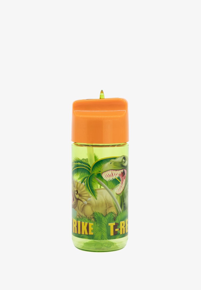 Grüne Plastik-Wasserflasche mit orangefarbenem Klappverschluss. Mit Dinosaurierillustrationen und tropischen Blättern, beschriftet mit "STRIKE T-REX".