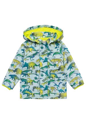 Impermeabile con cappuccio per bambini con stampa di dinosauri e animali colorati, base azzurro chiaro e fodera e dettagli in giallo brillante.