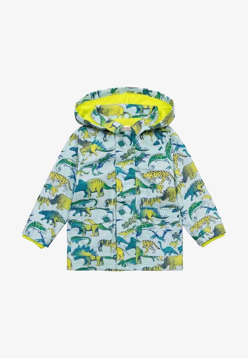 Imperméable à capuche pour enfants avec imprimé coloré de dinosaures et d'animaux, base bleu clair, doublure et accents jaune vif.