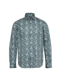 Langärmliges Hemd aus teal-farbenem Stoff mit weißen Paisley- und Blumenmustern, ausgestattet mit einem geschnittenen Kragen und einer vorderen Knopfleiste.