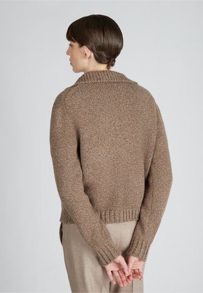 Brązowy sweter dziany z kołnierzykiem, ściągaczami na rękawach i u dołu. Tkanina ma teksturowane wykończenie, noszony na beżowych spodniach.