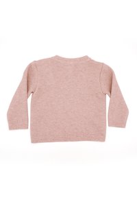 Hellrosa gestrickter Pullover mit langen Ärmeln, einem runden Ausschnitt und gerippten Bündchen sowie Saum. Glatte Textur und einfaches Design.