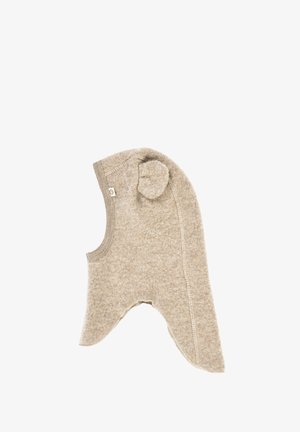 Cappello di lana beige con accenti a forma di orecchie, una parte superiore arrotondata e punte estese nella parte inferiore. Texture liscia con bordi cuciti e una piccola etichetta.