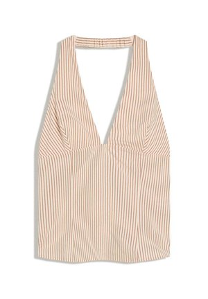 Top bej fără mâneci cu dungi subțiri verticale maro și decolteu adânc în formă de V, așezat plat pe un fundal alb.
