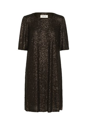 Vestido negro de lentejuelas con mangas cortas, escote redondo, corte holgado y largo hasta la rodilla. Textura brillante con detalles de lentejuelas por toda la prenda.