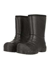 Bottes en caoutchouc noires avec un bout arrondi, des semelles texturées et un upper lisse avec des lignes de design en relief. Hauteur cheville avec un ajustement serré.