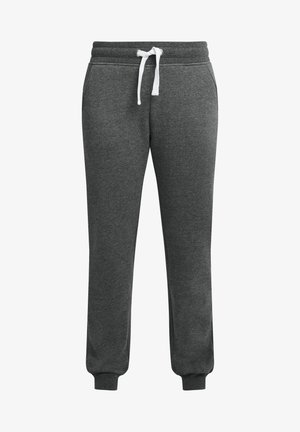 Pantaloni della tuta grigi realizzati in tessuto morbido, con vita elastica, coulisse bianca e polsini a sufficienza alla caviglia. Nessuna tasca visibile.