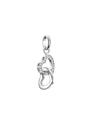 Ciondolo d'argento con cuori intrecciati, uno decorato con pietre trasparenti, finitura lucida e un anello per il fissaggio.