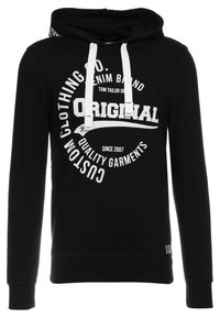 Felpa nera con stampa grafica frontale, testo bianco, coulisse e polsini a coste. Realizzata in tessuto morbido, con un design classico.