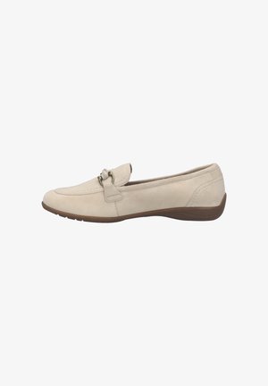 Beige suede loafer with a metal buckle detail and brown rubber sole, shown in side profile on a white background.