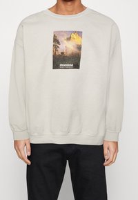 Sudadera gris claro con cuello redondo y mangas largas. Presenta un gráfico central impreso que representa montañas y árboles.