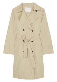 Cappotto beige con design doppiopetto, ampio colletto a scollo a V, vita aderente con cintura e maniche lunghe, realizzato in un materiale leggero.