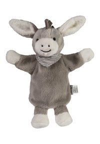 Gray plush donkey toy with a smiling face, large ears, and a striped neck scarf. Soft texture with white accents on ears and paws.