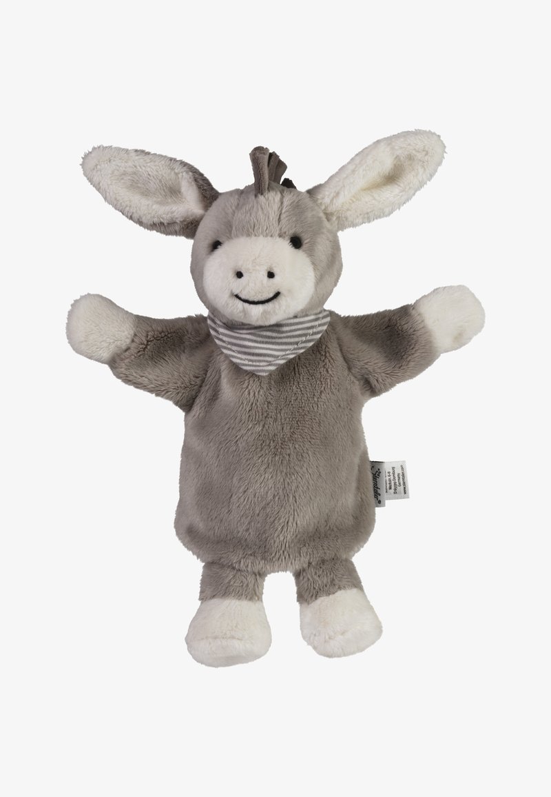 Gray plush donkey toy with a smiling face, large ears, and a striped neck scarf. Soft texture with white accents on ears and paws.