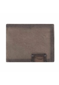 Dark gray leather wallet with a smooth texture, rectangular shape, and subtle stitching. Features a small logo accent on one side.
