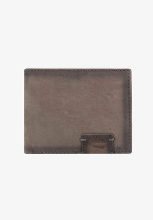 Dark gray leather wallet with a smooth texture, rectangular shape, and subtle stitching. Features a small logo accent on one side.