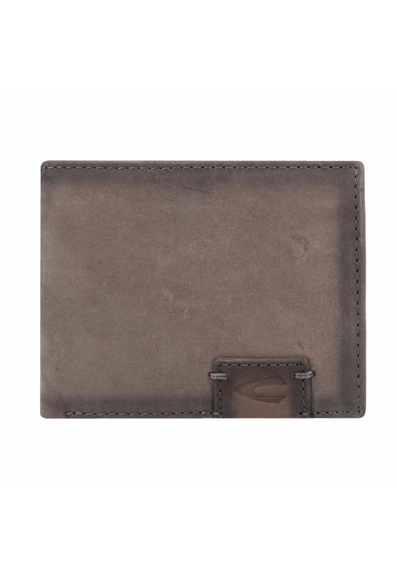 Dark gray leather wallet with a smooth texture, rectangular shape, and subtle stitching. Features a small logo accent on one side.