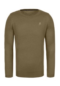 Olivově zelený pletený svetr s dlouhými rukávy, kulatým výstřihem a jemným logem na hrudi. Hladká textura a přiléhavý střih.