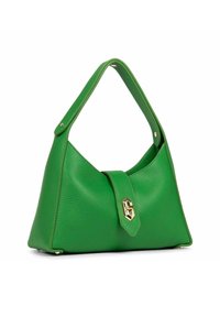 Borsa a tracolla verde in pelle con forma strutturata, dotata di manico curvo, chiusura a pattina e dettagli in hardware dorato.