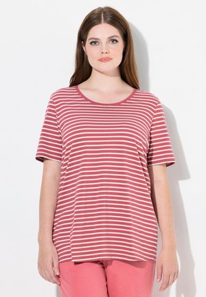 Haut à rayures à manches courtes dans une palette de couleurs rose et crème. Présente un col rond, une coupe décontractée et un tissu doux.