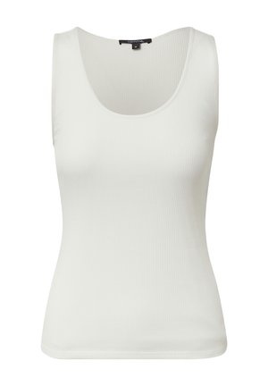 Witte geribbelde tanktop met een ronde halslijn en brede schouderbanden. Gladde textuur met een aansluitende pasvorm. Geen zichtbare hardware of accenten.